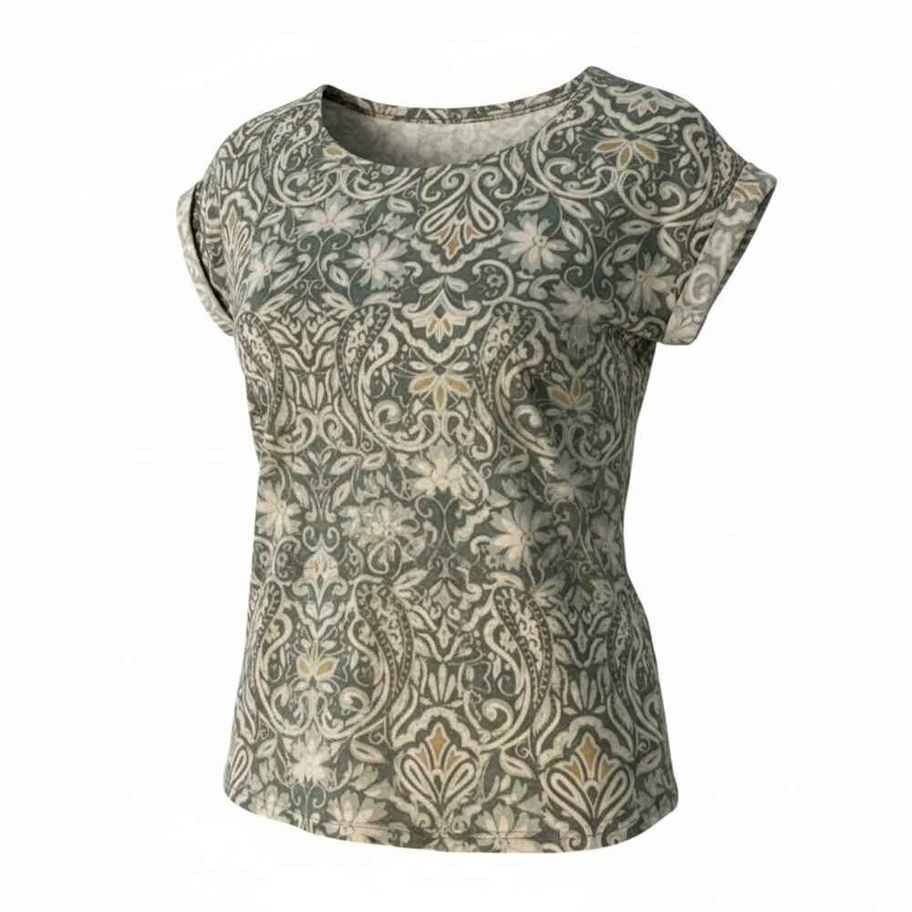 Cupio Sz S Shirttail Hem T-Shirt Top Cuffed Sleeves Earth Tone Damask Print Boho